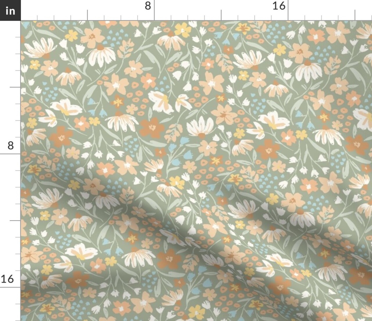 Floral Bloom Flowers Boho Meadow Woodlands Daisy Chain Sage Green Custom Printed Fabric by Spoonflower Various Fabrics by the Yard or Fat Quarter